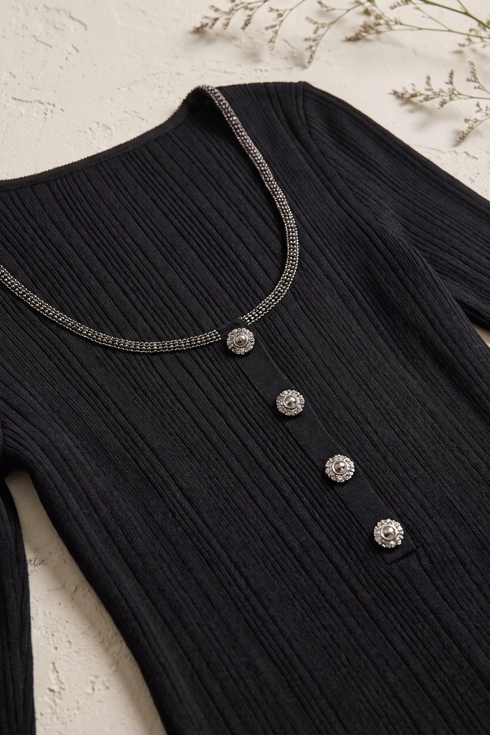 Black Ribbed Knit Fitted Top with Metallic Detail Flowering Girl