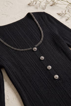 Black Ribbed Knit Fitted Top with Metallic Detail Flowering Girl