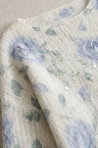 Off-White Mohair-Blend Knit Sweater with Floral Rose Pattern Flowering Girl