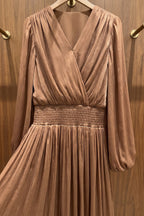 Bronze Brown Pleated Satin-Georgette Blend Maxi Dress Flowering Girl