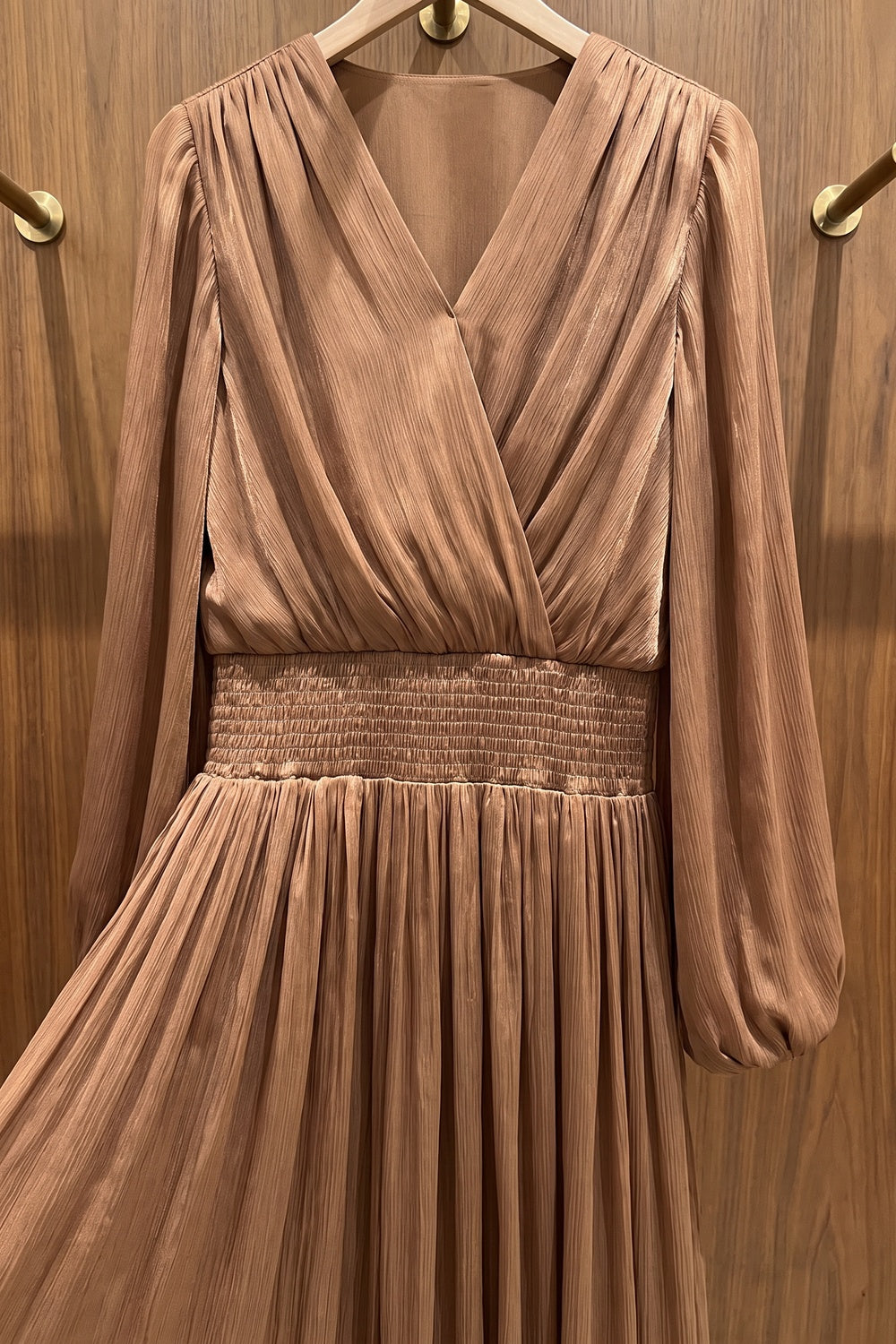 Bronze Brown Pleated Satin-Georgette Blend Maxi Dress Flowering Girl