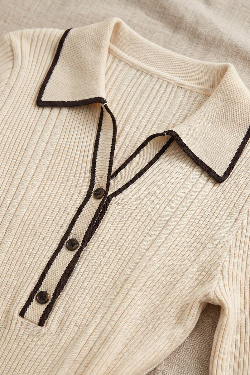 Cream Ribbed Knit Polo Dress with Contrast Trim Flowering Girl