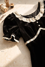 Black Velvet Empire-Waist A-Line Dress with Cream Lace Trim Flowering Girl