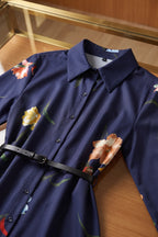Navy Blue Floral Satin-Weave A-Line Shirt Dress Flowering Girl