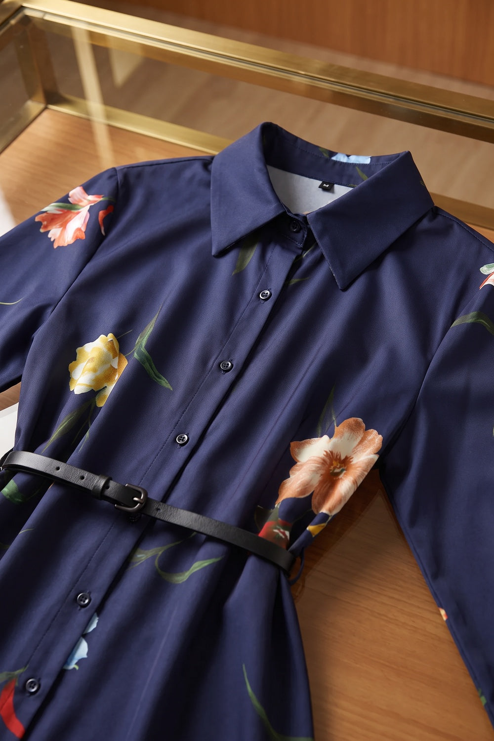 Navy Blue Floral Satin-Weave A-Line Shirt Dress Flowering Girl