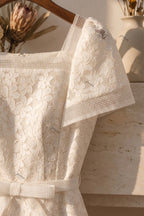 Ivory Floral Lace A-Line Midi Dress with Square Neckline Flowering Girl