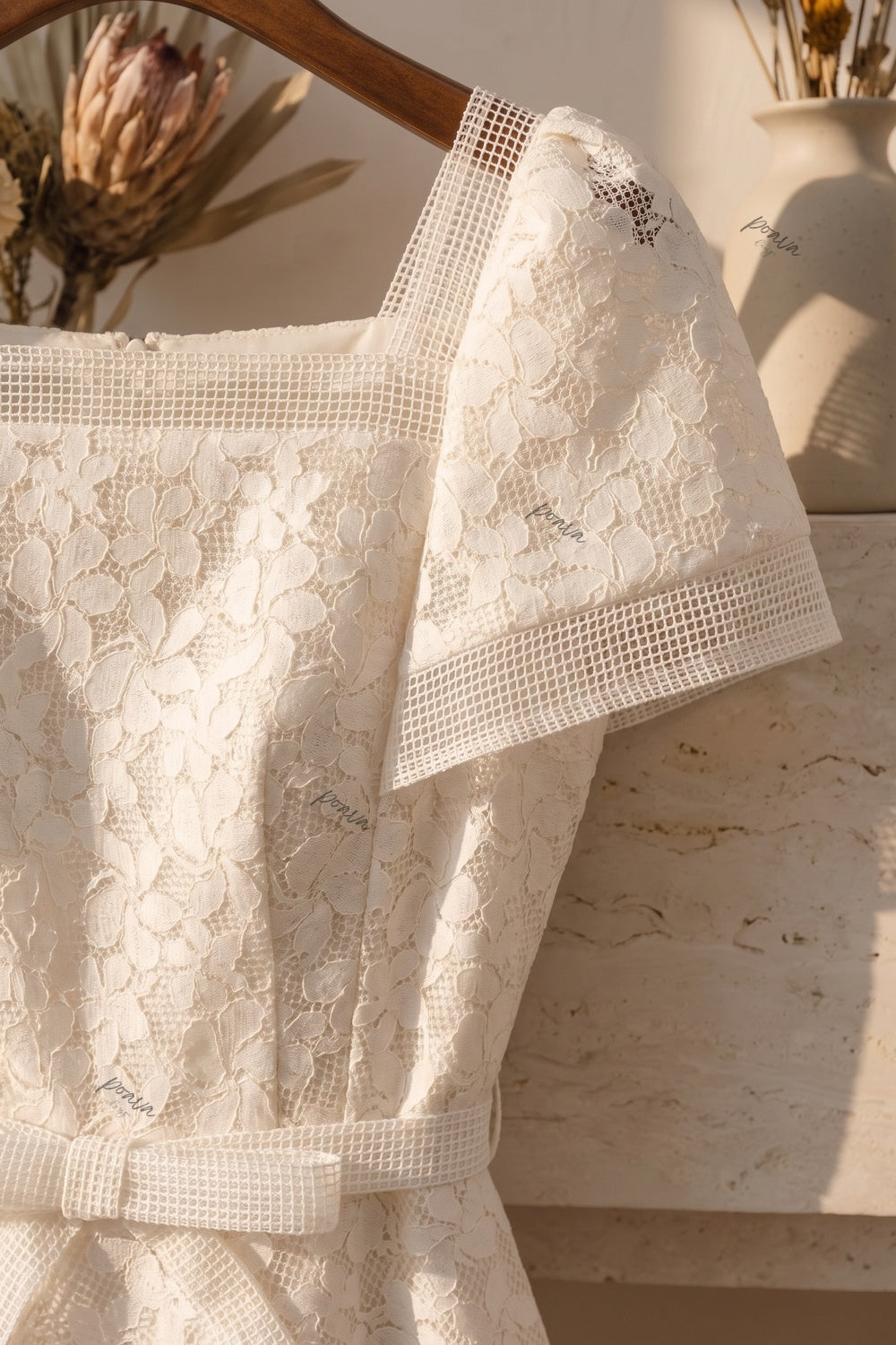 Ivory Floral Lace A-Line Midi Dress with Square Neckline Flowering Girl