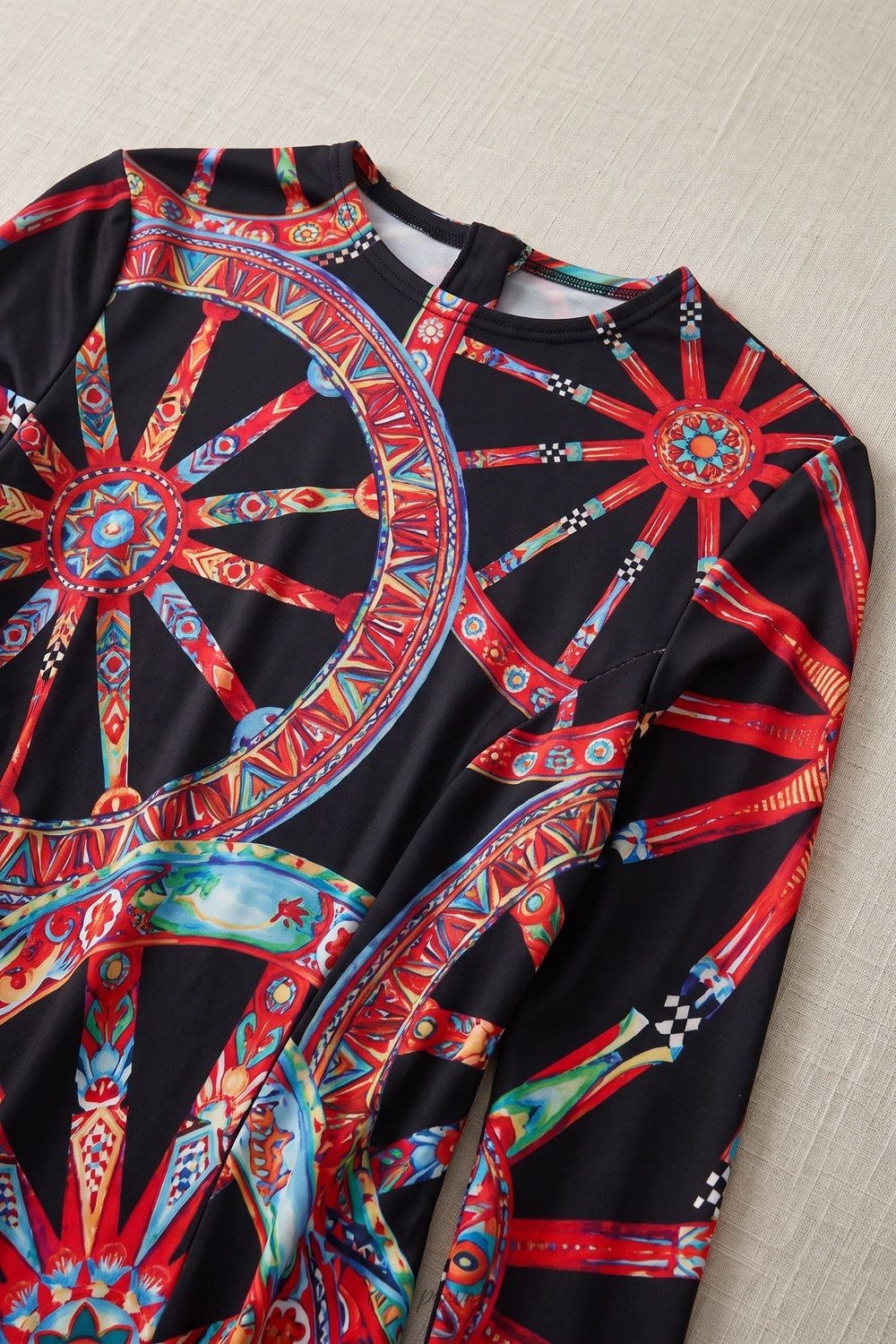 Black Stretch Jersey A-Line Maxi Dress with Geometric Wheel Print Flowering Girl