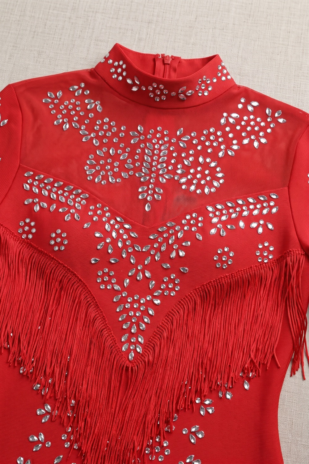 Red Heavy Stretch Knit Bodycon Mini Dress with Silver Crystal Fringe Flowering Girl