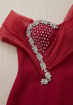 Deep Red Structured Crepe Mermaid Evening Gown with Silver Beaded Asymmetrical Bodice Flowering Girl