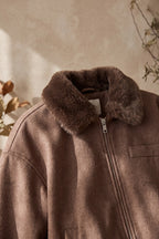 Medium Brown Boxy Bomber Jacket with Faux Fur Collar Flowering Girl