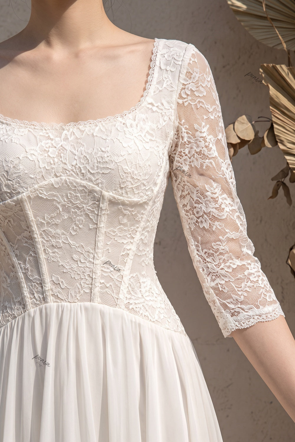 Ivory Chiffon A-Line Wedding Dress with Lace Bodice Flowering Girl