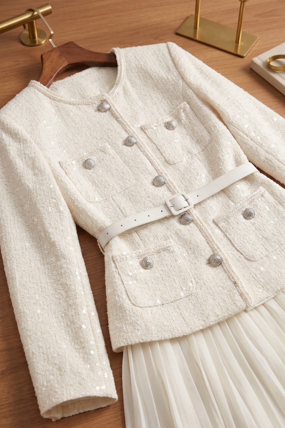 Off-White Tweed Skirt Suit Set with Peplum Jacket and Pleated Mini Skirt Flowering Girl