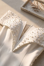White Off-The-Shoulder Fitted Sheath Dress with Fringe and Pearl Details Flowering Girl