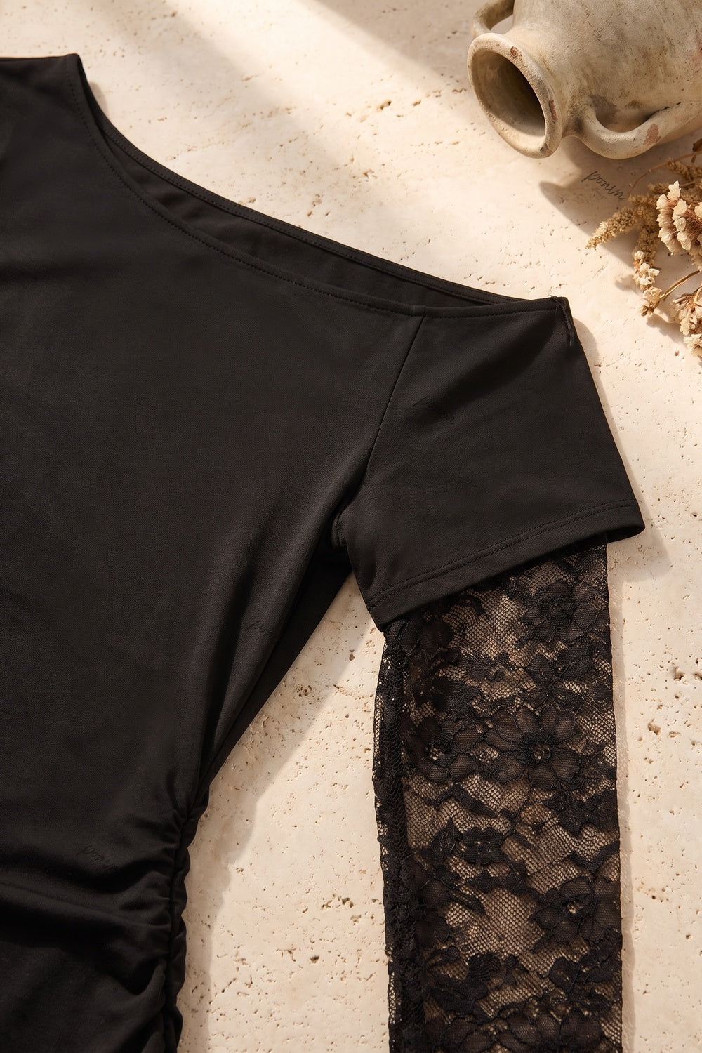 Black Asymmetrical Lace Sleeve Bodycon Mini Dress Flowering Girl