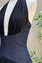 Black Two-Tone Halter Gown with Structured Corset Waist and High Slit Flowering Girl