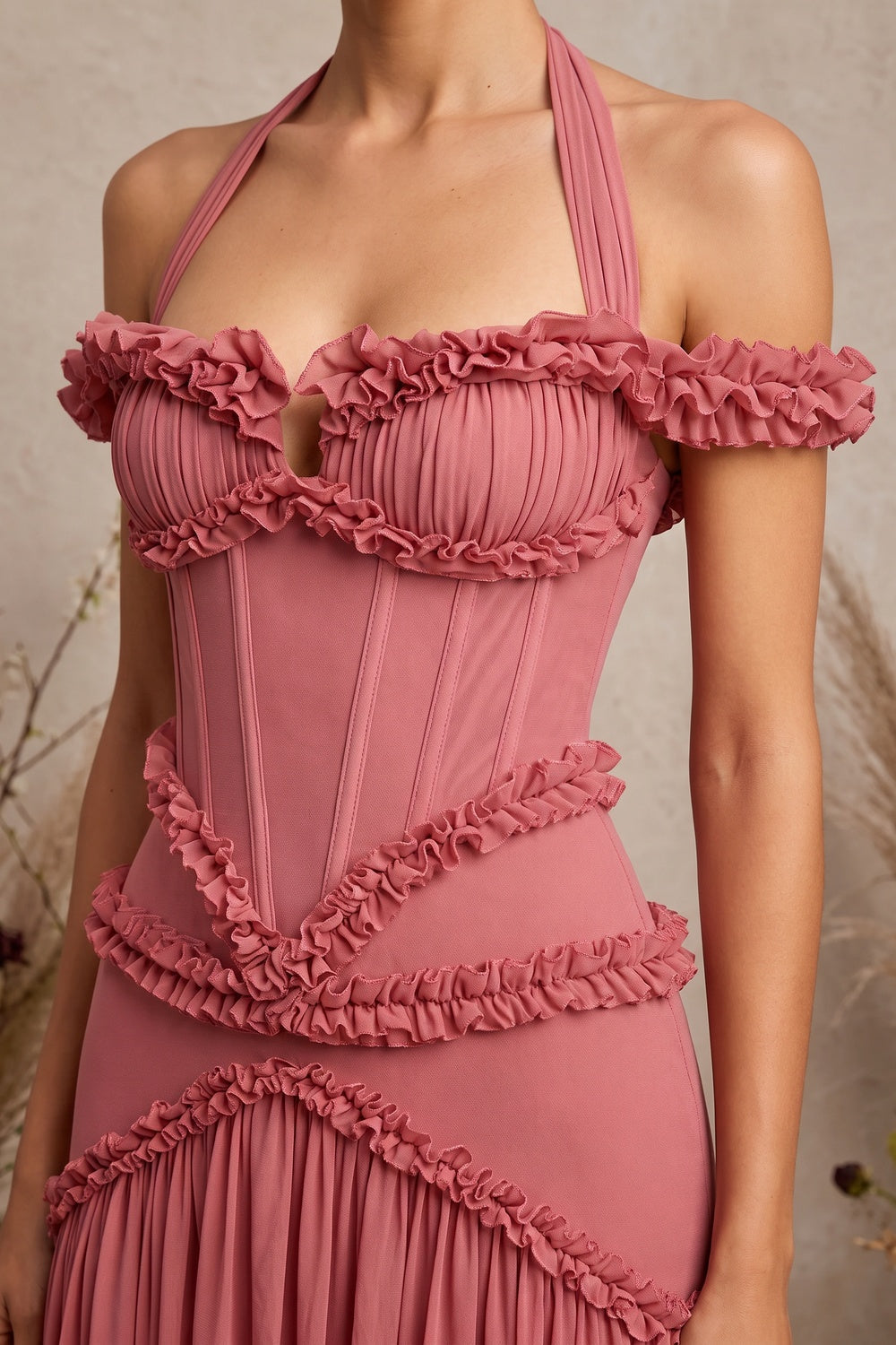 Dusty Rose Fitted Corset Gown with Tiered Ruffles and Halter Neck Flowering Girl