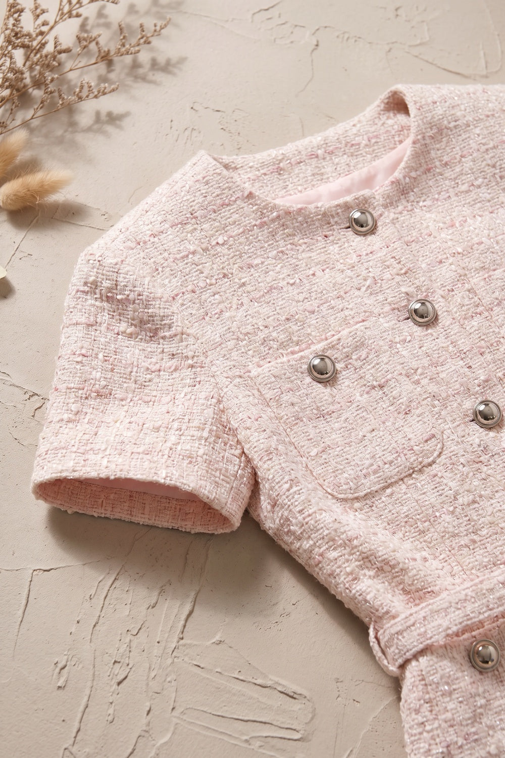 Pale Pink Tweed Fitted Bodice with Peplum and A-Line Skirt Two-Piece Set Flowering Girl