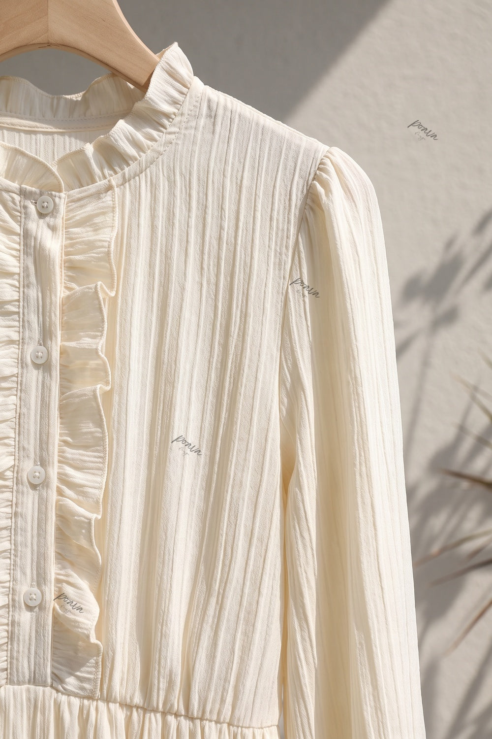 Cream A-Line Midi Dress with Bishop Sleeves and Ruffled Front Placket Flowering Girl