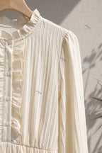 Cream A-Line Midi Dress with Bishop Sleeves and Ruffled Front Placket Flowering Girl