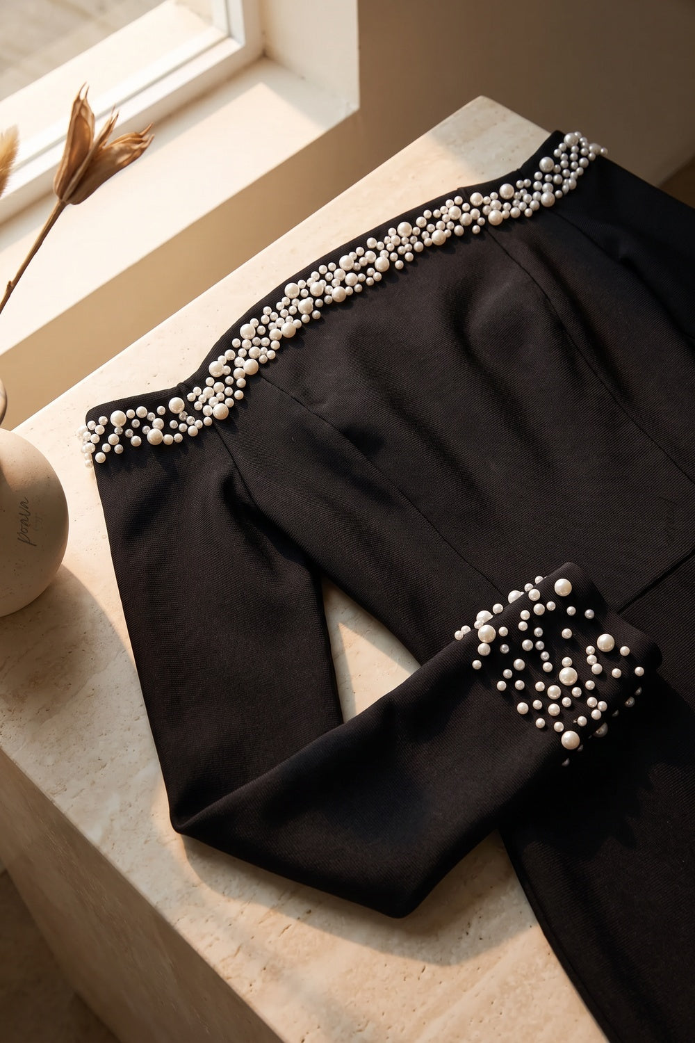 Black Off-the-Shoulder Bodycon Mini Dress with Pearl Embellishment Flowering Girl