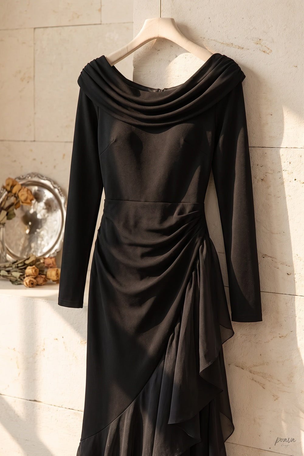 Black Mermaid Evening Gown with Sheer Ruffle Detail Flowering Girl