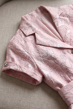Pale Pink Floral Jacquard Fit-and-Flare Midi Dress with Metallic Sheen Flowering Girl