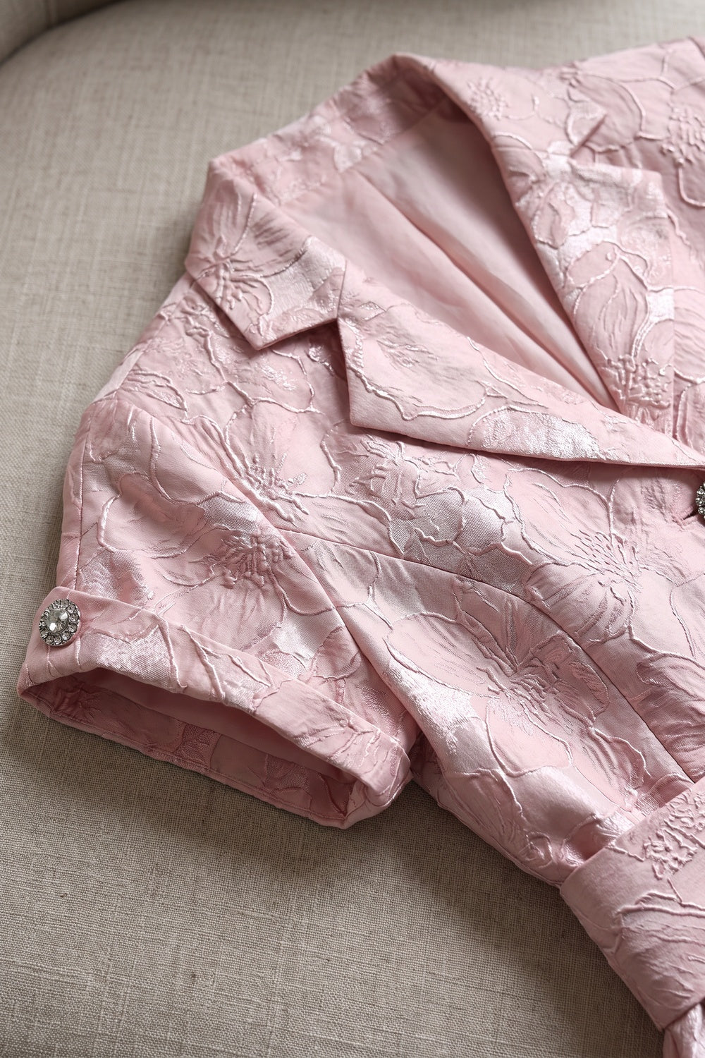 Pale Pink Floral Jacquard Fit-and-Flare Midi Dress with Metallic Sheen Flowering Girl