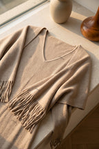 Beige Ribbed Knit Two-Piece Dress and Fringed Shawl Set Flowering Girl