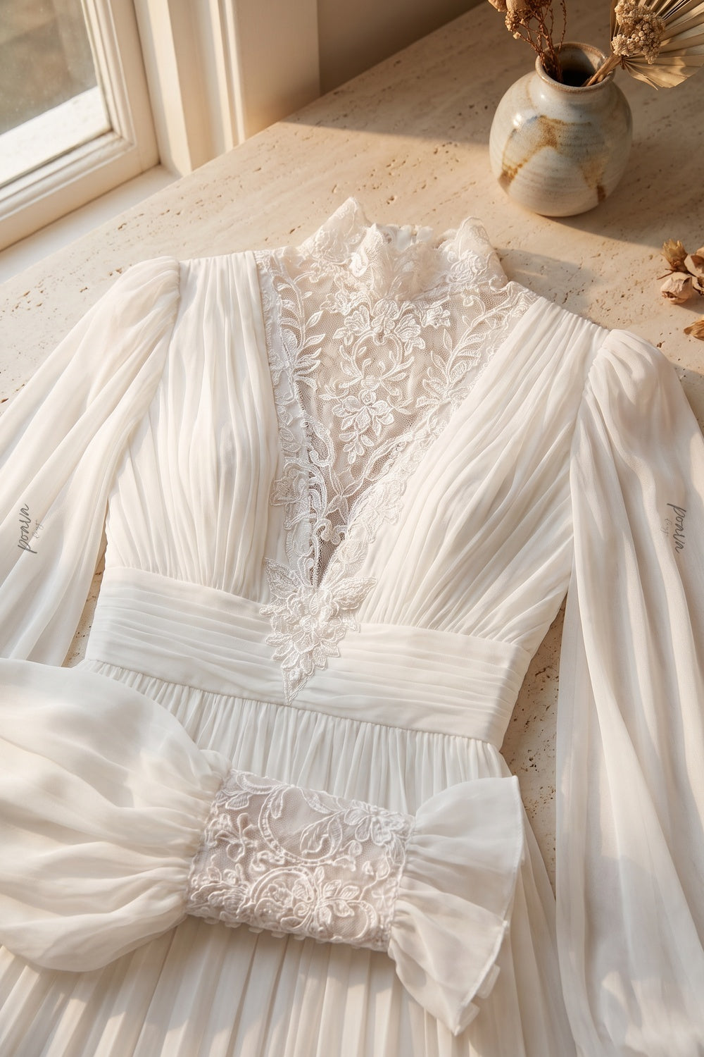 White Chiffon A-Line Gown with Lace Details Flowering Girl