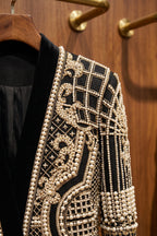 Black Structured Longline Blazer with Pearl and Gold Embroidery Flowering Girl