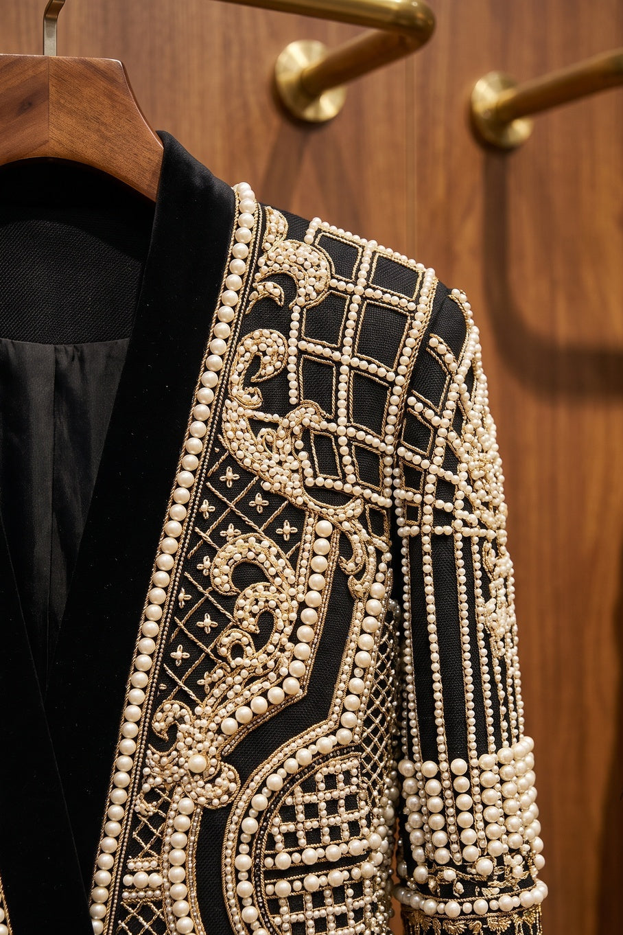 Black Structured Longline Blazer with Pearl and Gold Embroidery Flowering Girl