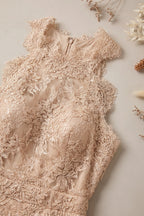 Beige Corded Floral Lace A-Line Midi Dress with Asymmetrical Hem Flowering Girl