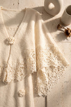 Cream Fuzzy Mohair-Blend Two-Piece Knit Set with Capelet and Rose Appliqué Maxi Dress Flowering Girl