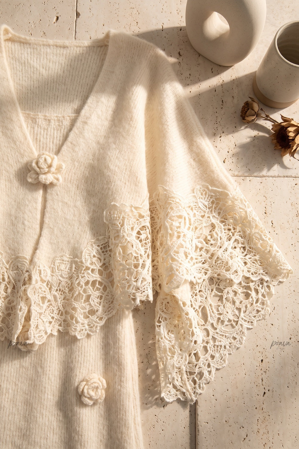 Cream Fuzzy Mohair-Blend Two-Piece Knit Set with Capelet and Rose Appliqué Maxi Dress Flowering Girl
