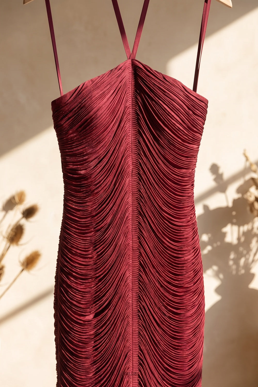 Burgundy Micro-Pleated Synthetic Column Dress Flowering Girl
