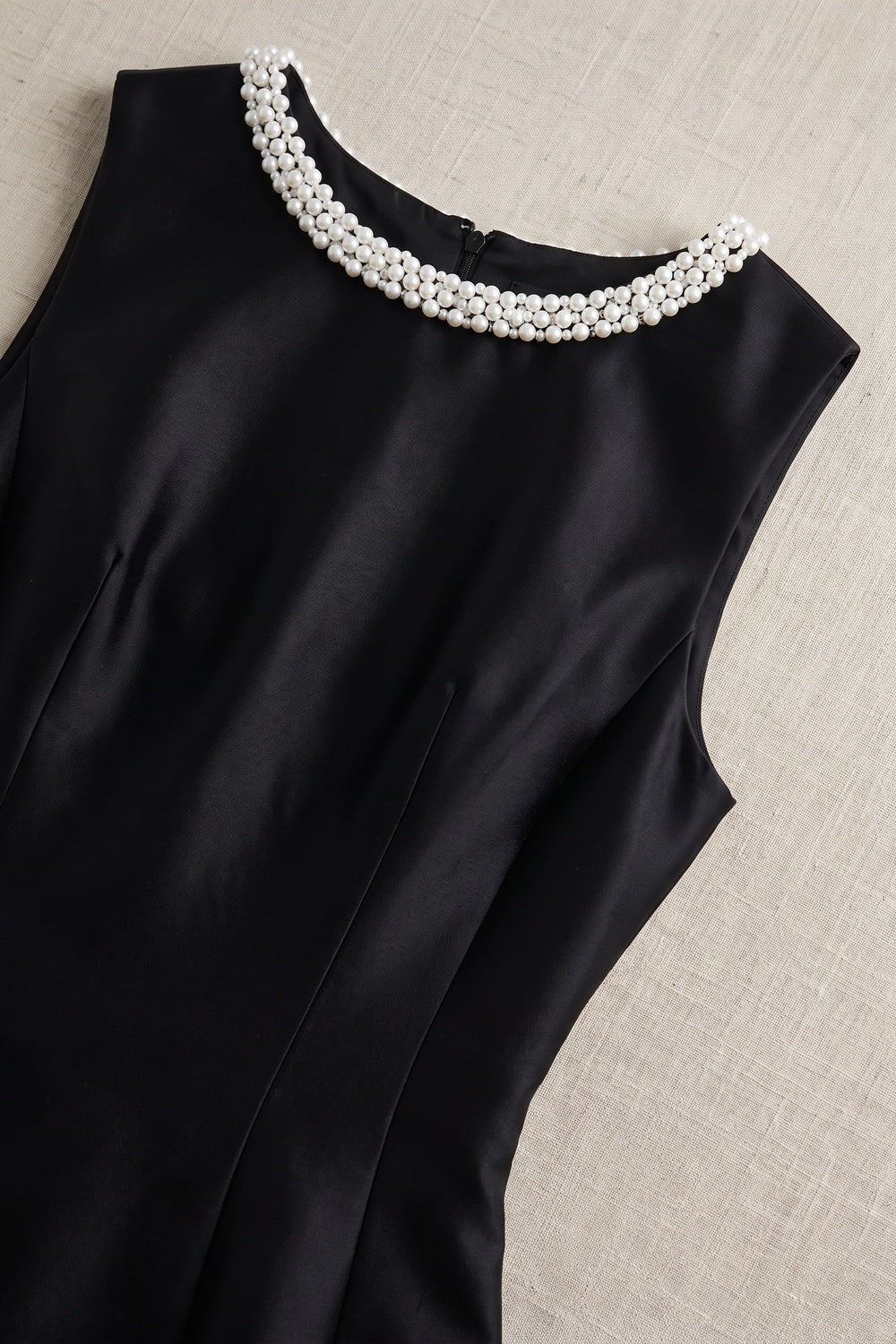 Black Structured Satin Fit-and-Flare Midi Dress with Pearl Trim Flowering Girl
