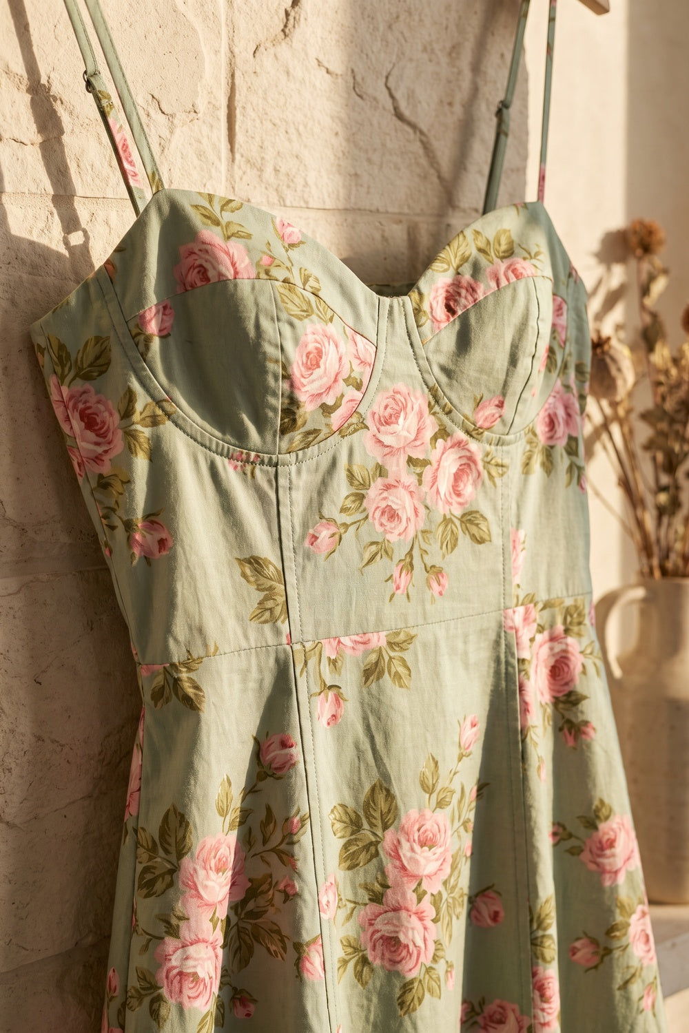 Pale Sage Green Structured Woven Cotton or Jacquard Fit-and-Flare Dress Flowering Girl