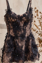 Black Lace Fit-and-Flare Mini Dress with 3D Floral Appliqués Flowering Girl