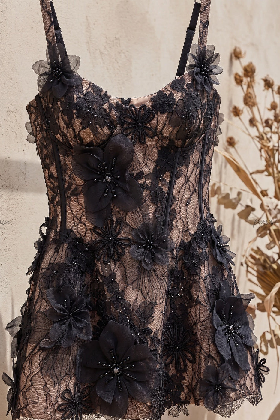 Black Lace Fit-and-Flare Mini Dress with 3D Floral Appliqués Flowering Girl