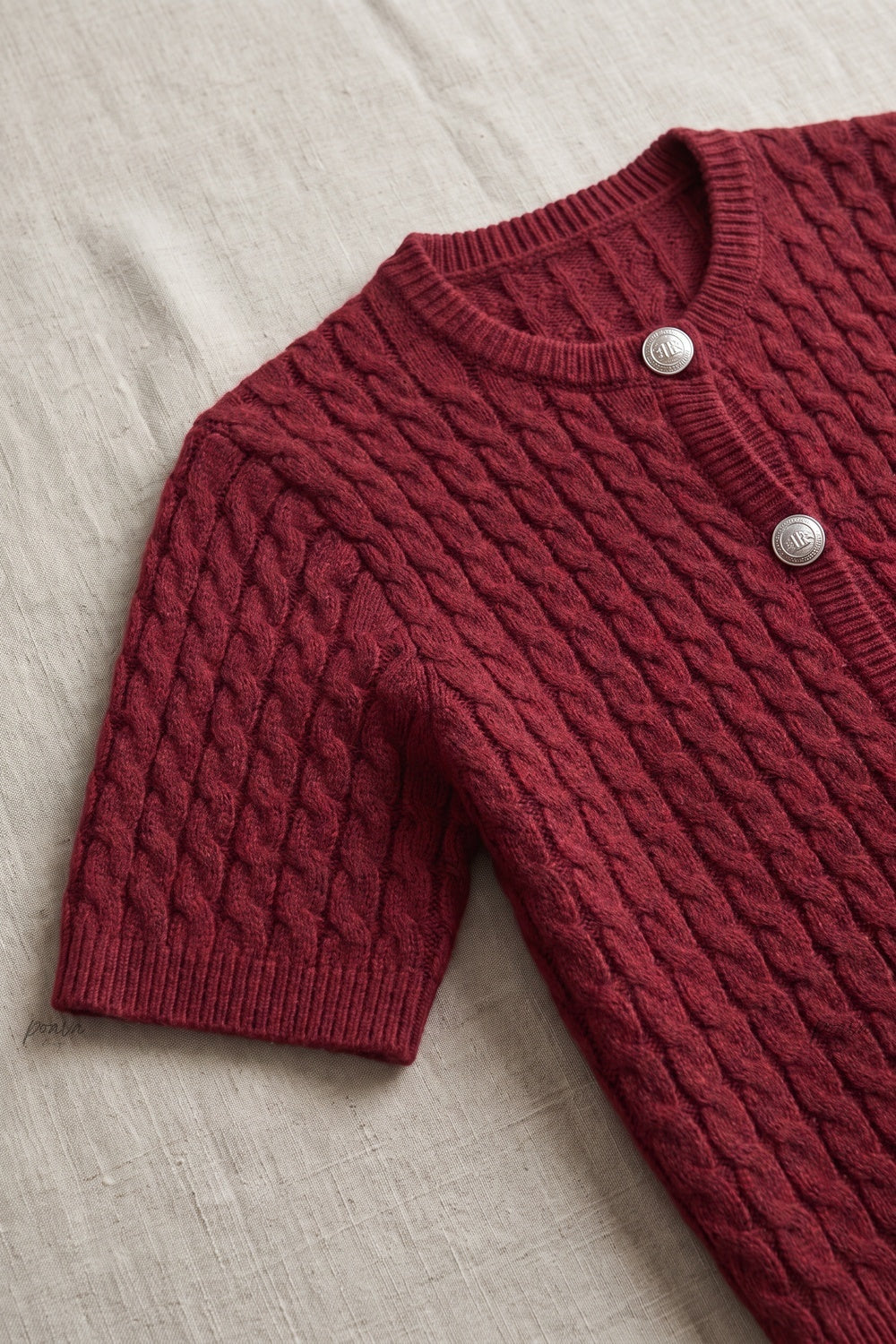 Burgundy Cable-Knit Wool Blend Fitted Short-Sleeve Cardigan Flowering Girl