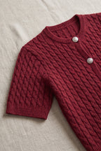 Burgundy Cable-Knit Wool Blend Fitted Short-Sleeve Cardigan Flowering Girl