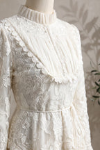 Ivory Floral Embroidered Lace A-line Maxi Dress with Tiered Waist Overlay Flowering Girl