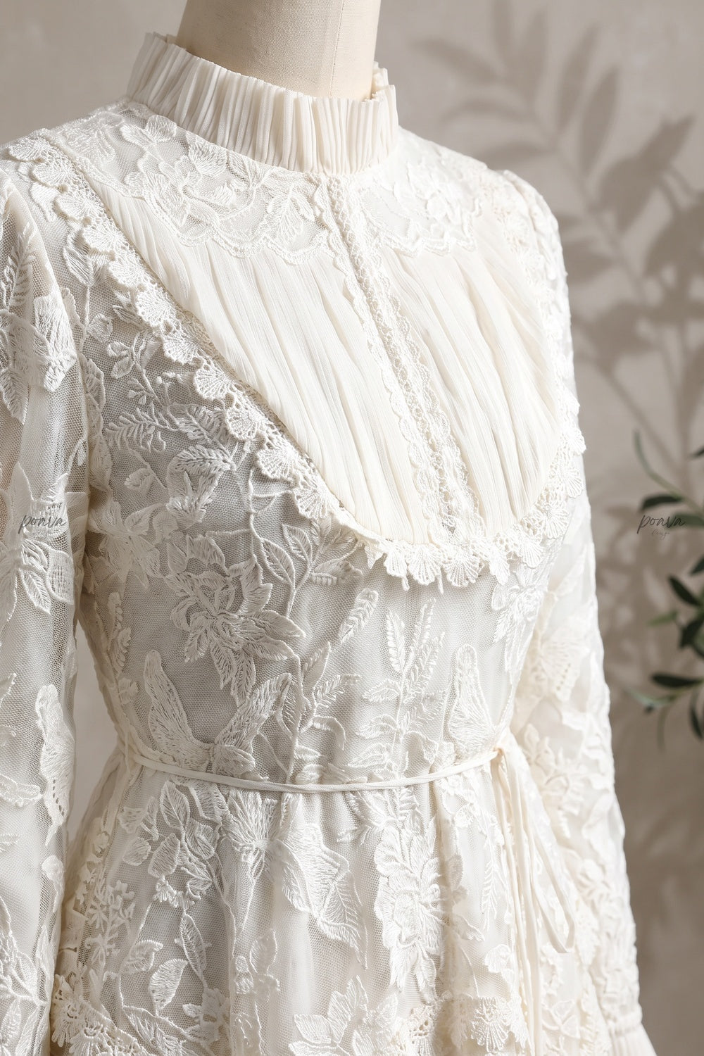 Ivory Floral Embroidered Lace A-line Maxi Dress with Tiered Waist Overlay Flowering Girl