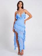 Ruffle Cut Out Asymmetric Maxi Dress - Blue Flowering Girl