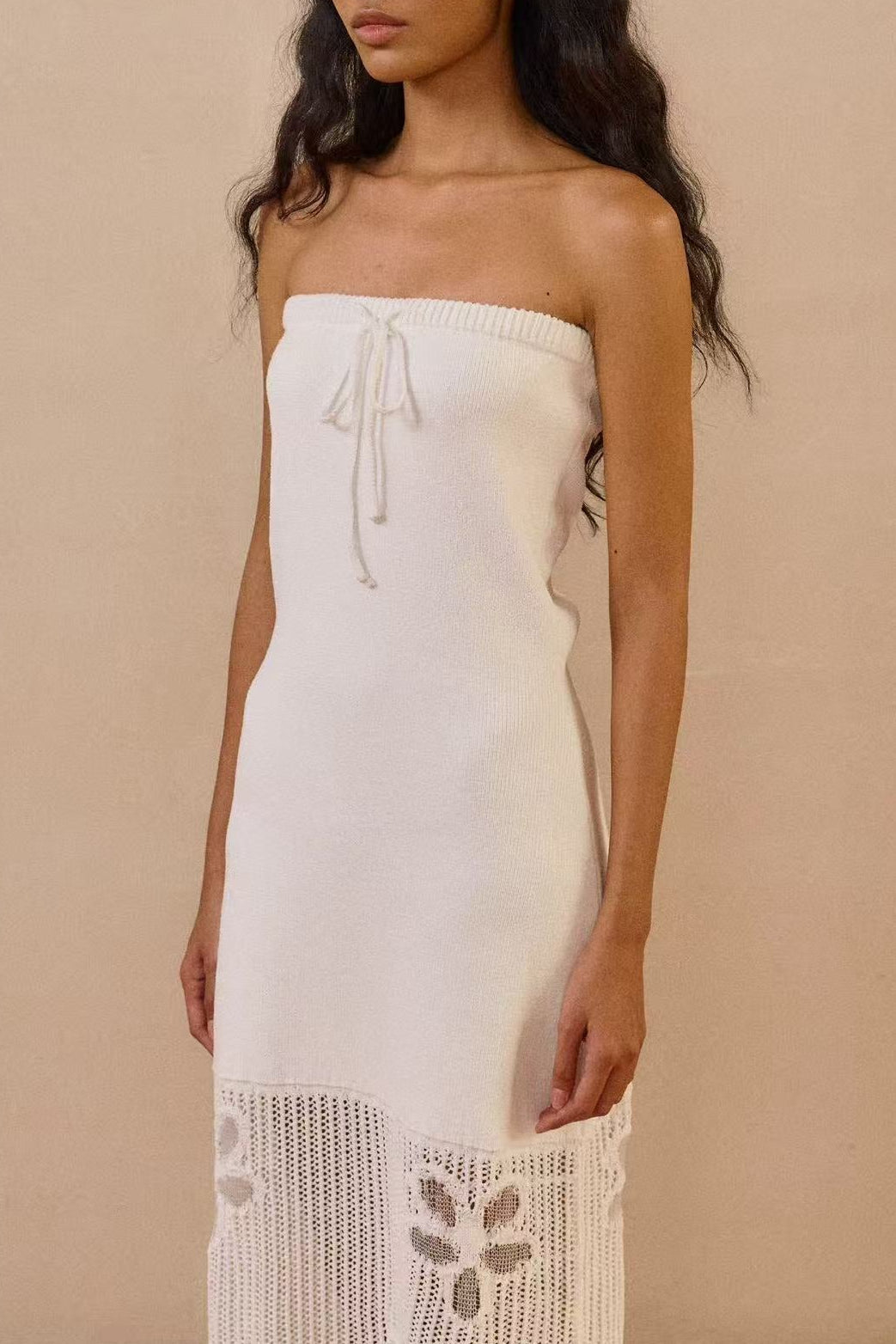 White Strapless Knit Maxi Dress With Butterfly Crochet Hem Flowering Girl