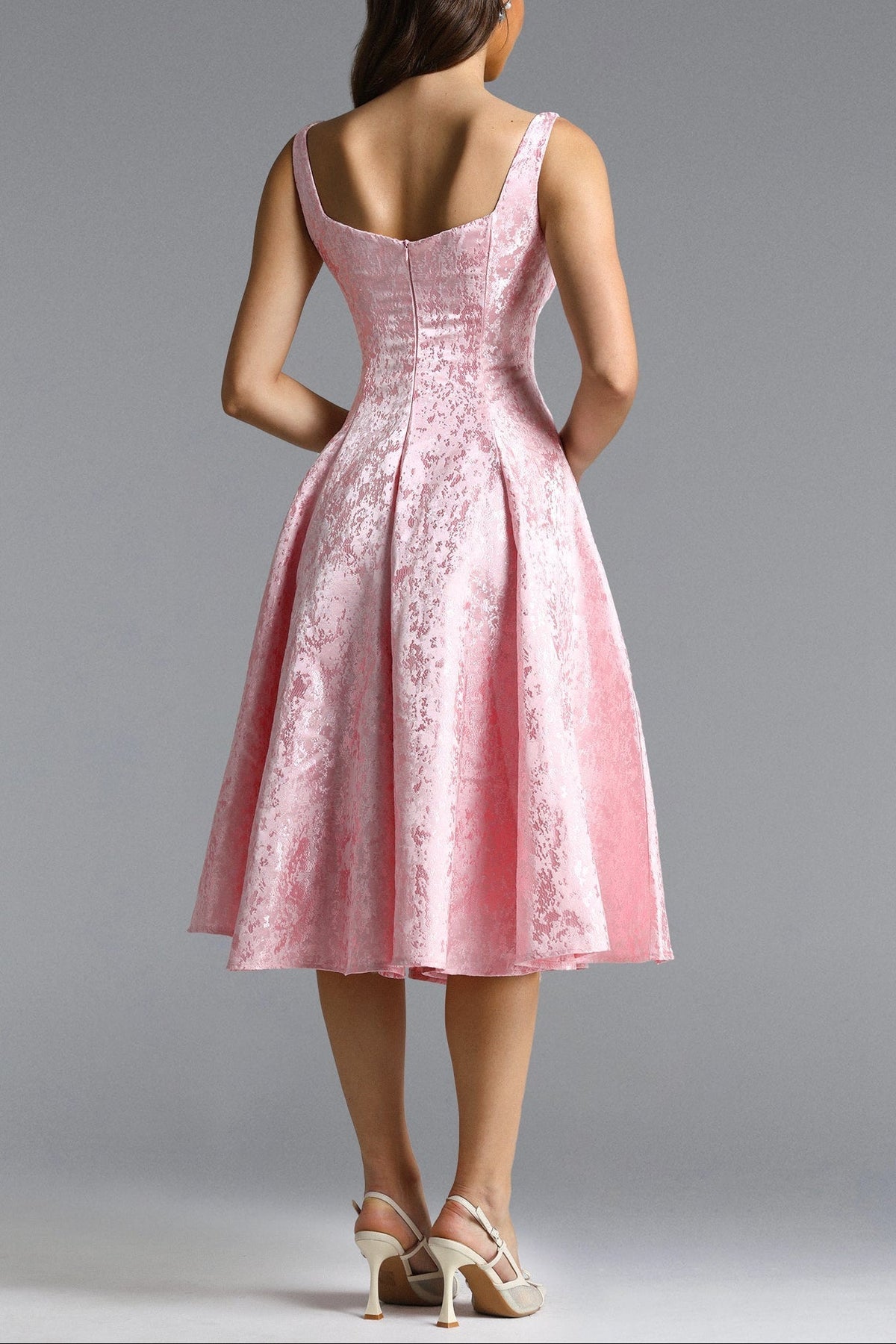 Lisbon Pink Square Neck Jacquard Satin Midi Dress Flowering Girl