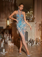Christene High Neck Rhinestone Dress In Blue Flowering Girl