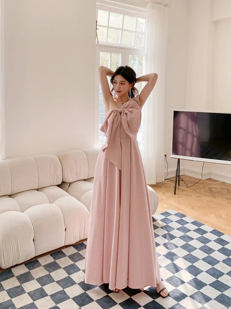 Dolores Oversized Bow Strapless Maxi Dress-Pink Flowering Girl