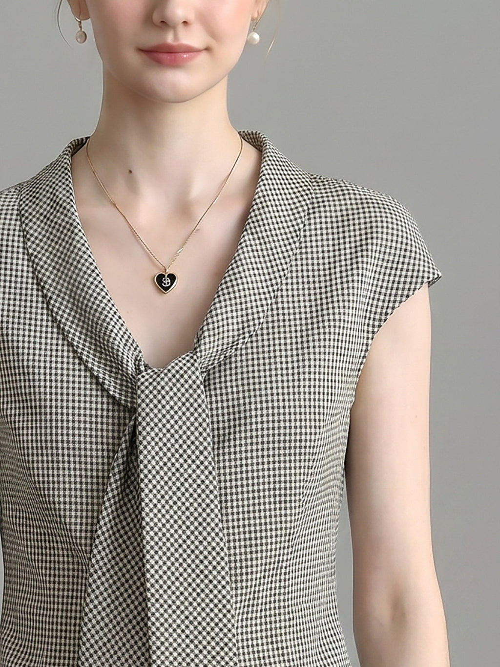 Houndstooth Lapel Tie Neck Cap Sleeve Slim Blouse Flowering Girl